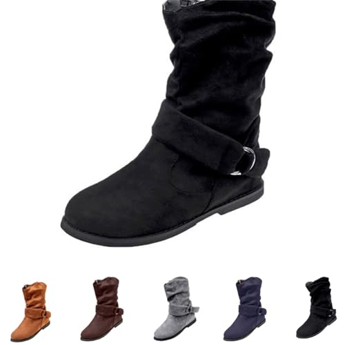 Momolaa UK 5 Slouchy Ankle Boots for Women No Heel,Flat Mid Calf Boots Side Zipper Ladies Pixie Slouch Boot Low Heel Booties Ankle Boot Fall Outdoor Shoe Short Booties Footwear Black