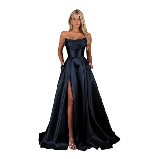 Sincemeet Damen Trägerloses Satin-Abschlussballkleid mit Schlitz Navy Lange Abendkleider Cocktailkleid Ballkleider Abendkleider Elegante für Hochzeit