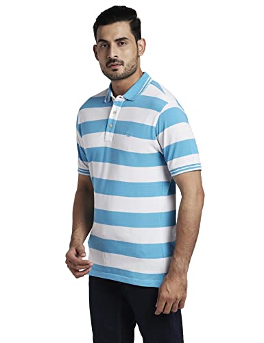 Image of Colorplus Men's Cotton Polyester Blend Stripe Pattern Tailored Fit Polo Neck Half Sleeve Casual T-Shirt