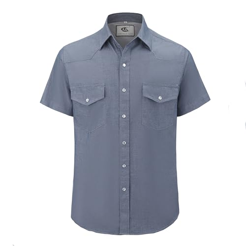 Image of COEVALS CLUB Mens Denim Shirts Short Sleeve Smart Casual Stylish Holiday Button Down Up Soild Work Shirts(4# Denim Blue 3XL)