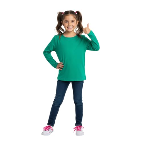 Image of LUXFAB Kids Girls Boys New Plain Long Sleeve Basic Stretch Round Neck T-Shirt School Tee Top Size 2-13 Years Jade Green