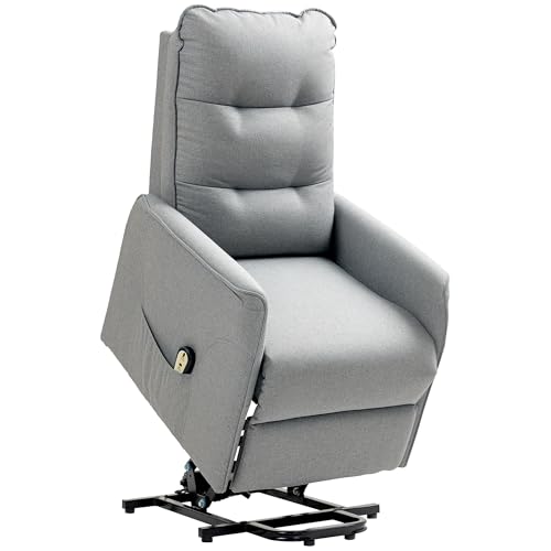 HOMCOM Fernsehsessel mit Aufstehhilfe Elektrisch, Relaxsessel mit Liegefunktion, TV-Sessel mit Fernbedienung, Seitentasche, Taschenfeder und Leinenoptik für Wohnzimmer, bis 150kg, Grau