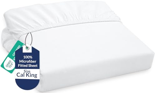 Royale Linens Fitted Sheet California King - Ultra Soft 1800 Brushed Microfiber - Hotel Luxury Bottom Sheets - Wrinkle Free & Fade Resistant - Deep Pocket Fitted Sheet Only (King Cal, White)