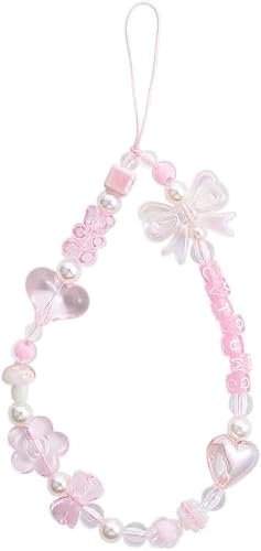WsjiaboFux Pink Acrylic Beaded Mobile Phone Straps Anti-Lost Hand Strap Pendant Hanging Rope Phone Wrist Hand Lanyard Home Cell Phone Charms Button Stickers Decor Accessories