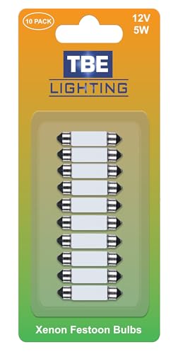 TBE Lighting Replacement Festoon Bulbs, PACK OF 10 Xenon lights for Undercabinets & Car Interior Lighting. Frosted glass finish, Warm White colour- 12v / 5w / Dimmable 11mmx41mm Energy efficient Bulbs