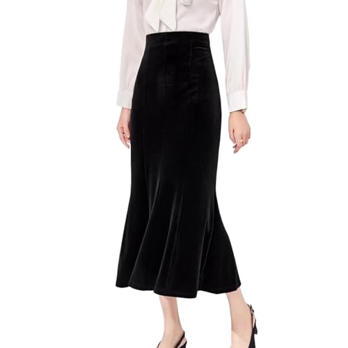 WDPL Women's High Waist Mermaid Tea Length Velvet Skirt