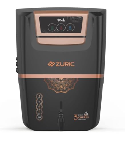 Aqua Zuric Ro water Purifier RO + TDS Controller+Active Copper+Alkaline+Zinc Best Premium For home & Office 12 ltr With led Display (Full Black)