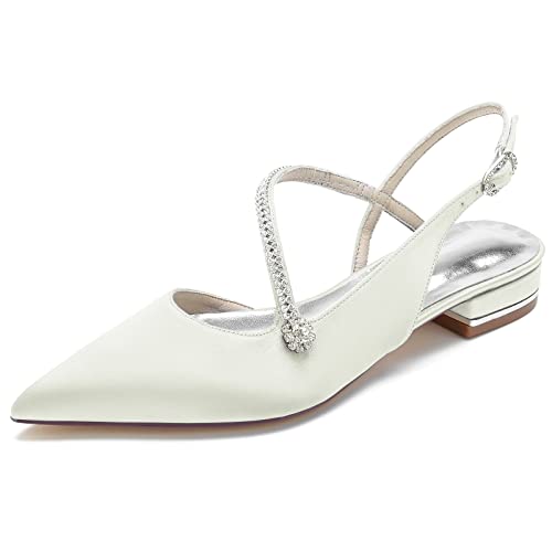 Women's Pointed Toe Beaded Satin Wedding Flats for Bride Comfortable Ivory Bridal Shoes with Ankle Strap Prom Party Shoes Pumps 18448-29 Size 8