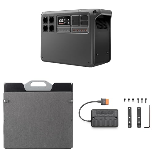 DJI Power 2000 tragbare Powerstation mit vier faltbaren 200 W Solarpaneelen, 2048 Wh/3000 W LFP-Akku, Eco-Aufladung, IP67 wasserdicht, 2 MPPT-Module, leicht zu transportieren für Camping, Outdoor