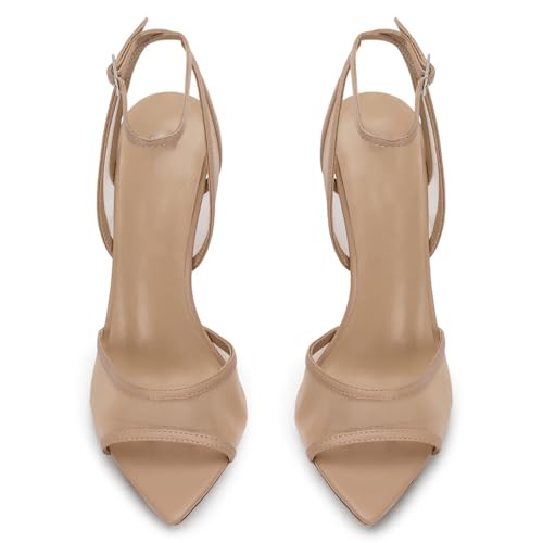 YIYA Women's Black Mesh Slingback Kitten Heels Sandals Open Peep Pointed Toe Stiletto High Heels Ankle Buckle Strap Summer Party Dress Pumps Shoes2