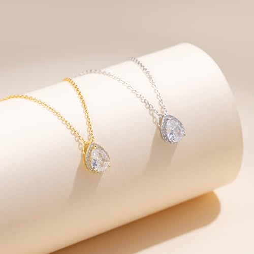 S925 Sterling Silver 14K Gold Necklace for Women Teardrop Cubic Zirconia Dainty Necklace Imitation Diamond Pear Cut CZ Pendant Necklaces for Women 18+2 Inch Jewelry Gift for Her4