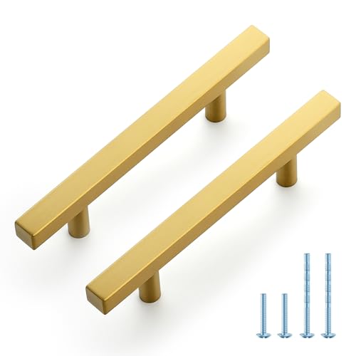 JOY DECOR 30 Pack 3-1/2 Inch Brushed Brass Square Cabinet Handles Stainless Steel Cabinet Hardware Pulls for Kitchen and Drawers with 6 Inch Overall Length by JOY DECOR - Used condition - US$23.60
