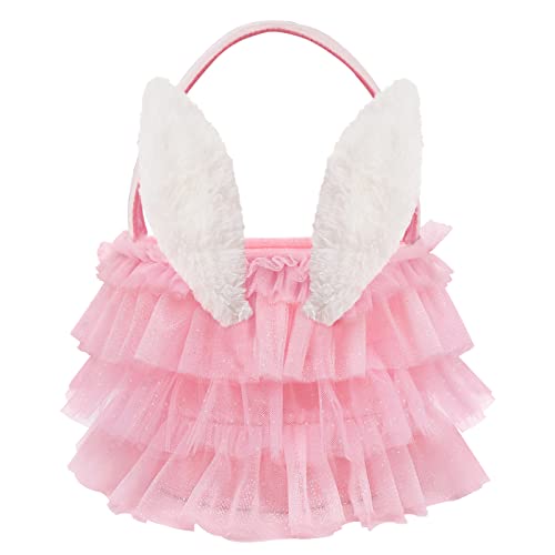 Bunny Chorus Tutu Easter Basket, Pink Ruffled Shining Tulle With Fluffy Bunny Ears, Easter Theme Party Favors Stuffers Gifts For Girls, Easter Egg Hanting Decorations Party Supplies #TOP26