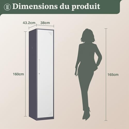 Sightlife Armoires vestiaire Chambre Casier métallique Vestiaire Armoire à casiers Placard Rangement 1 Porte pour Gymnase, école, Bureau,160 * 38 * 43.2cm Gris/Blanc – vue 3