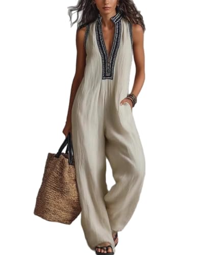 Akivide Women's Boho Cotton Linen Half Zip One Piece Jumpsuits