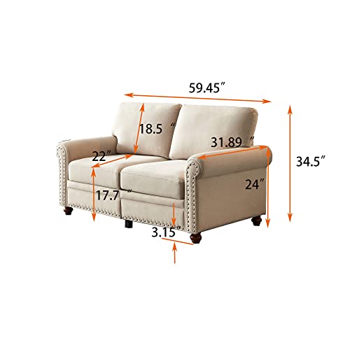 Lestar Loveseat Sofa Couch, Fabric Modern Comfy 2 Seats Upholstered Chair with Solid Wood Legs and Armrests (Beige)