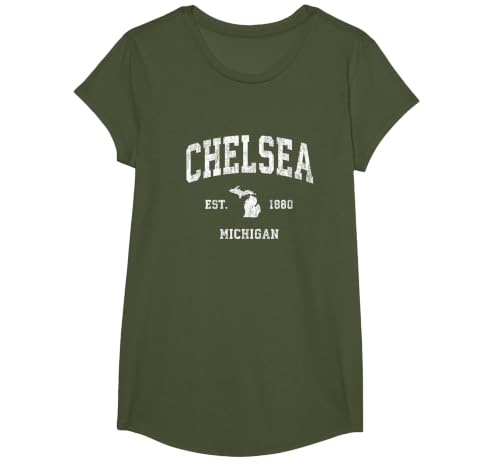 Chelsea Michigan MI Vintage Athletic Sports Design T-Shirt, Girls, Olive Green, Medium