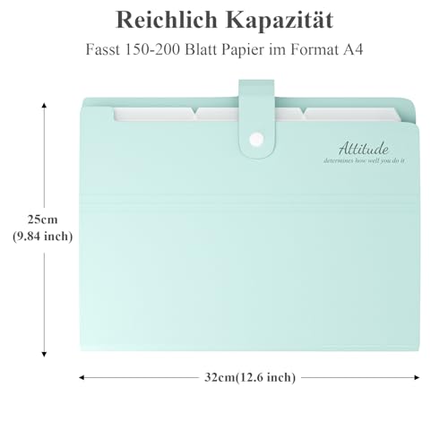 Dokumentenmappe A4, Fächermappe A4,12 Taschen Mappe Mit Etiketten, Mappen Ordnungsmappe Ordnersystem a4 Fächermappe Erweiterbar Ordner Mit Druckknopf Für Zuhause, Büro, Schule (Hellgrün)