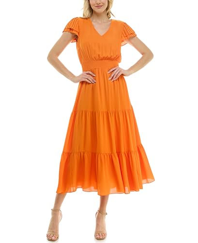 Image of Nanette Nanette Lepore Women's Tiered Pull on Fully Lined Dress with Smock Waist and Pleated Flutter Sleeve