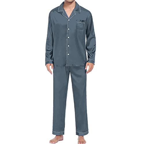 Mens Pajamas Set Satin Long Sleeve Button Down Shirts And Pajama Pants Casual Comfort Fashion Pjs Loungewear Sleepwear Grey L