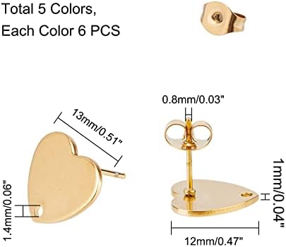 UNICRAFTALE 30pcs 5 Colors Heart Pattern Stud Earrings Stainless Steel Earrings with Ear Nuts 0.8mm Pin Ear Studs for Dangle Earring Jewelry Making