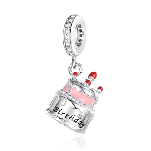 Oomibo 925 Sterling Silver Charms mouse robot love key Beads Fit for Original European Bracelets Charms DIY Jewelry 3 Piece/set (Birthday Cake Charm)