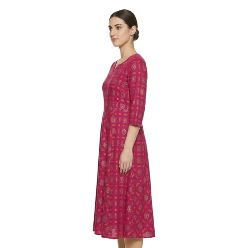 Image of Women's Pink Floral Printed Midi Dress, 3 /4 Sleeves, Notch Neck, A-Line Fit and Flare