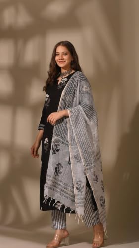 Image of Royal Export Women Floral Printed Black Straight Salwar Suit Set || Kurta Sets for Woman | Kurta Trouser Sets| Ethnic Set, Casual, Office Wear Kurta Set |Black