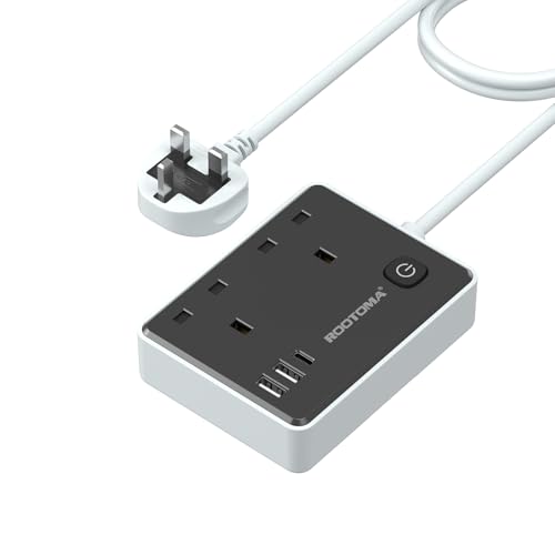 Extension Lead with 3 USB Slots (1 USB C), Surge Protected 2 Plug Extension Lead 2M with Switch, USB Power Strip for Home Bedroom Kitchen Office, Black