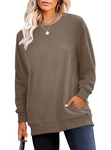 RUMIA Crewneck Fall Sweatshirts for Women Trendy- Women's Plain Long Sleeve Pullover Tops with Pockets Fashion Coffee