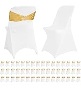 50 Sets Stretch Spandex Folding Chair Cover White and Chair Sashes with Buckle Slider Chair Bands...