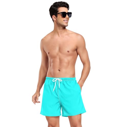 Solid Color Pure Cyan Plain AquaMen's Swimming Trunks Men's Lined Workout Shorts with Pockets and Compression Liner Volleyball Shorts Lightweight