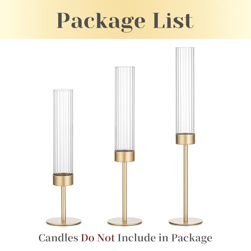 Hewory Gold Hurricane Candle Holders: Brass Candlestick Holders Set of 3 Tall Taper Candle Holders for Candlesticks Candle Sticks Holder Decor for Table Centerpiece Wedding Party Christmas Decorations by Hewory - Image 7