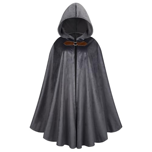 AGCOAH Victorian Cloak for Adult,Velvet Medieval Renaissance Cape with Hooded Halloween(grey-51 INCH)