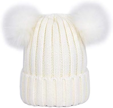 LAUSONS Girls Double Pom Beanie Boys Winter Faux Fur Pompom Beanie Bobble Hat 0-6 Years