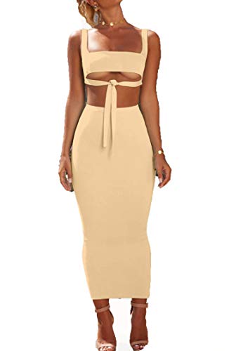 Liseaforu Women Sexy Bodycon 2 Piece Outfits Pencil Midi Dress Tank Crop Top Long Skirt Set Beige
