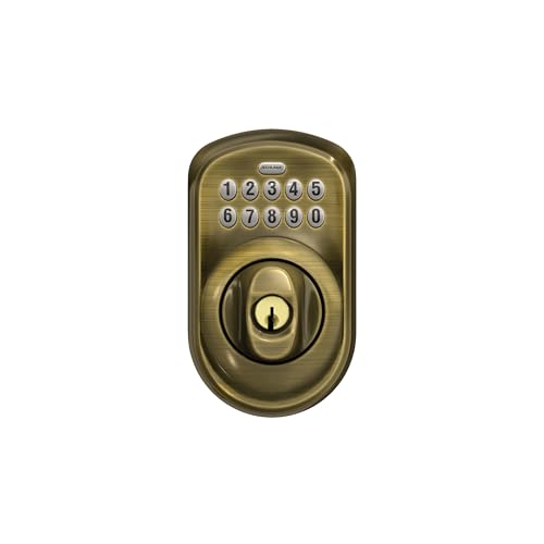Image of Schlage Plymouth Electronic Keypad Deadbolt Lock, Keyless Front Door Entry, Mechanical Key Backup Included, Antique Brass, BE365 V PLY 609