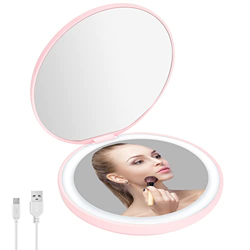 Vilsom Travel Mirror With Light,1X/5X Magnifying Compact Mirror Light 3.5-Inch Folding Makeup Mirror Portable Handheld 2-Sided Mirror Idea Gift For Women-Pink #TOP6