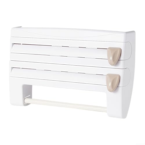 Pumixiy Organizador de películas 3 en 1 con cortador para papel de aluminio y rollo de toallas de papel, almacenamiento de cajones de cocina que ahorra espacio con dispensación suave y seguro (blanco) Pumixiy Organizador de películas 3 en 1 con cortador para papel de aluminio y rollo de toallas de papel, almacenamiento de cajones de cocina que ahorra espacio con dispensación suave y seguro (blanco)