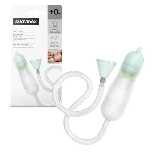Suavinex, Aspirador Nasal Bebé, Saca Mocos Bebés, Alivia la Mucosidad del Bebé, con 2 Boquillas Anatómicas y Cajita Higiénica, con Esponja Desechable + Recambio, Lavado Nasal Seguro y Cómodo, +0 Meses