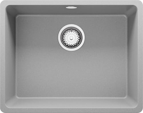 PRIMAGRAN Fregadero bajo Encimera Gris 56x44cm, Cocina 1 Seno + Sifón, Granito al mueble 60cm - Venecia Easy S041
