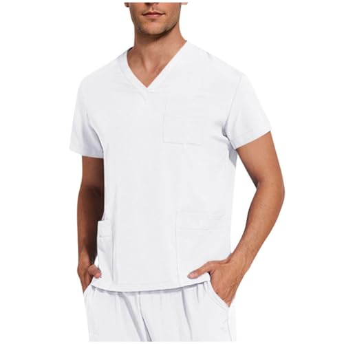 Men and Women's Nurse Scrubs Uniform Solid Color V-Neck Short Sleeves Comfy T-Shirts Workwear Tops with Pockets S-2XL