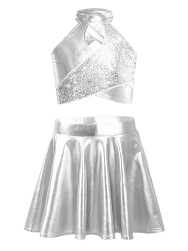 easyforever Kids Girls Sleeveless Metallic Sequin Tango Jazz Latin Modern Ballroom Dance Crop Tops and Skirt Set Silver 12 Years