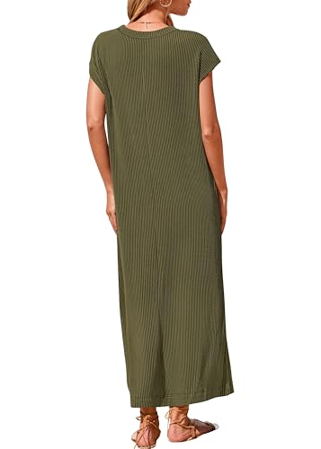 Image of KIRUNDO Womens Summer Ribbed Knit Short Sleeve Maxi Dress | 2026 Spring Henley Button Up Knitted Tshirt Dress, Loose Beach Vacation Sundress, Teacher Dress, Loose Fit Nursing Friendly