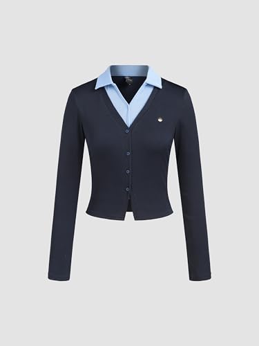 CIDER Sweaters for Women Top Long Sleeve Collar Neck Button Knit Blouse Cardigan Patchy Embroidery3