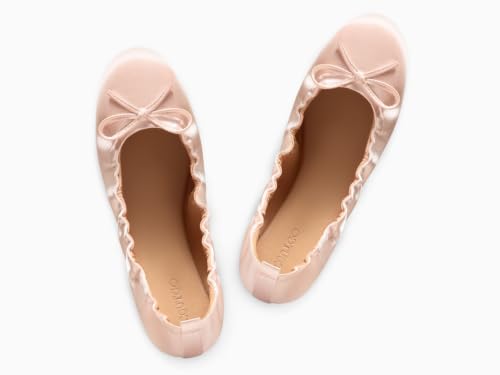 Coutgo Women's Ballet Flats, Bow Round Toe Slip On Dress Shoes Comfortable Flats for Work Casual, Nude Pink Satin, Size 9.5 — view 5