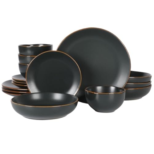La Mejor Selección de Vajillas de ceramica del mes. 46 Gibson Home Hazeltine - Juego de vajilla de cerámica negra de 16 piezas, platos y cuencos, juego de cena de cocina de cerámica duradera
