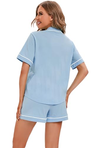 Image of LUBOT 100% Cotton Pajamas for Women 2 Piece PJ Set Button-Down Soft Knit Short Sleeve Summer Sleepwear Loungewear XS-XXL