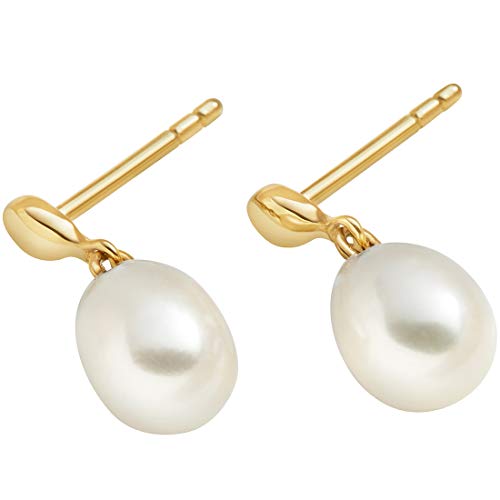 Peora Freshwater Cultured White Pearl Drop Earrings In 14K Yellow Gold, Baroque Pear Shape, 8X6Mm Dainty Dangle Solitaire, Friction Backs #TOP2