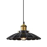 Oyisen Black Pendant Light, 9.8 Inch Retro Hanging Lamp for Bedroom, Glossy Hanging Kitchen Lights Living Room 6.5Ft Height Adjustable Indoor Pleated Pendant Light